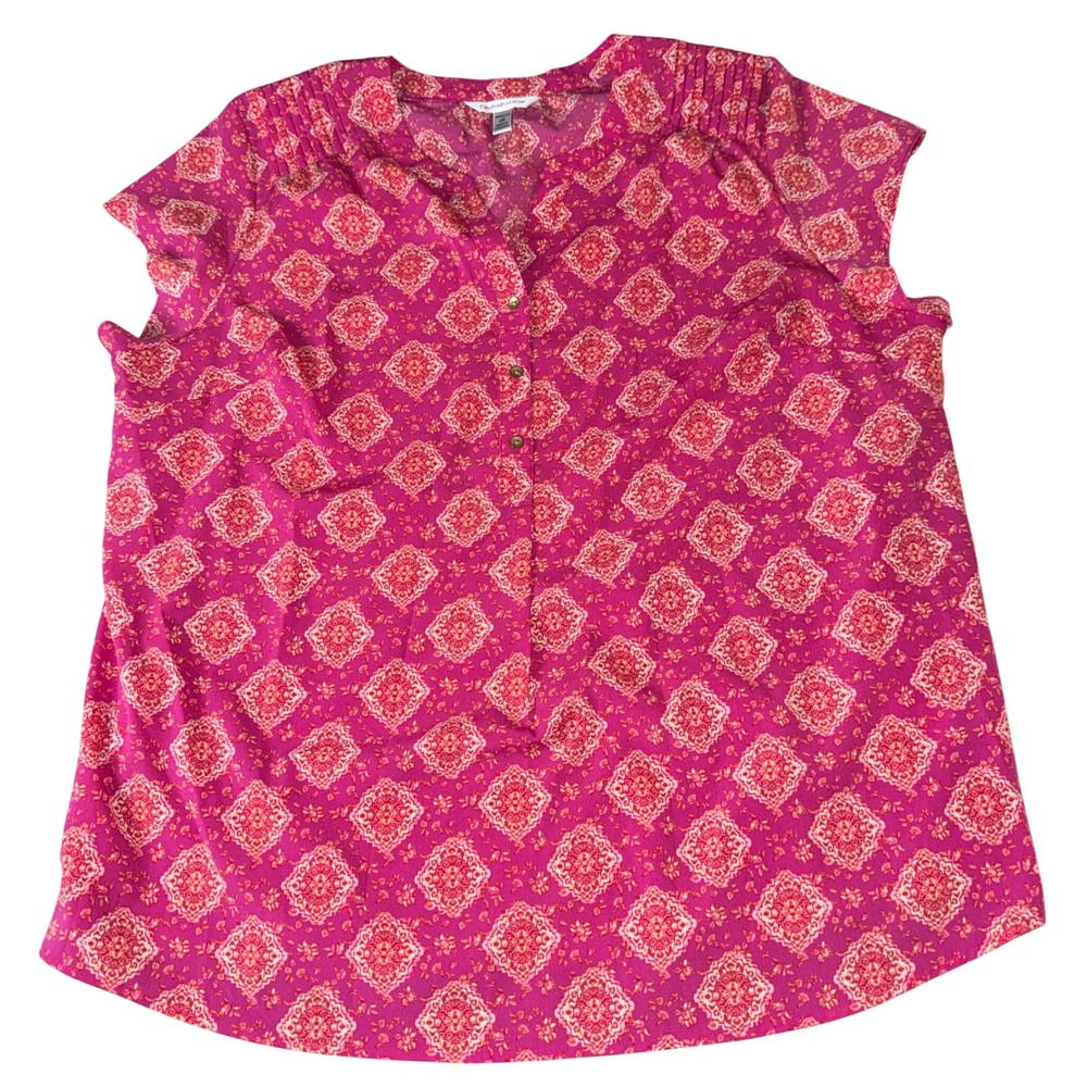 Croft & Barrow Blouse 2X Pink Medallion Print Short Sleeve Split Neck Top